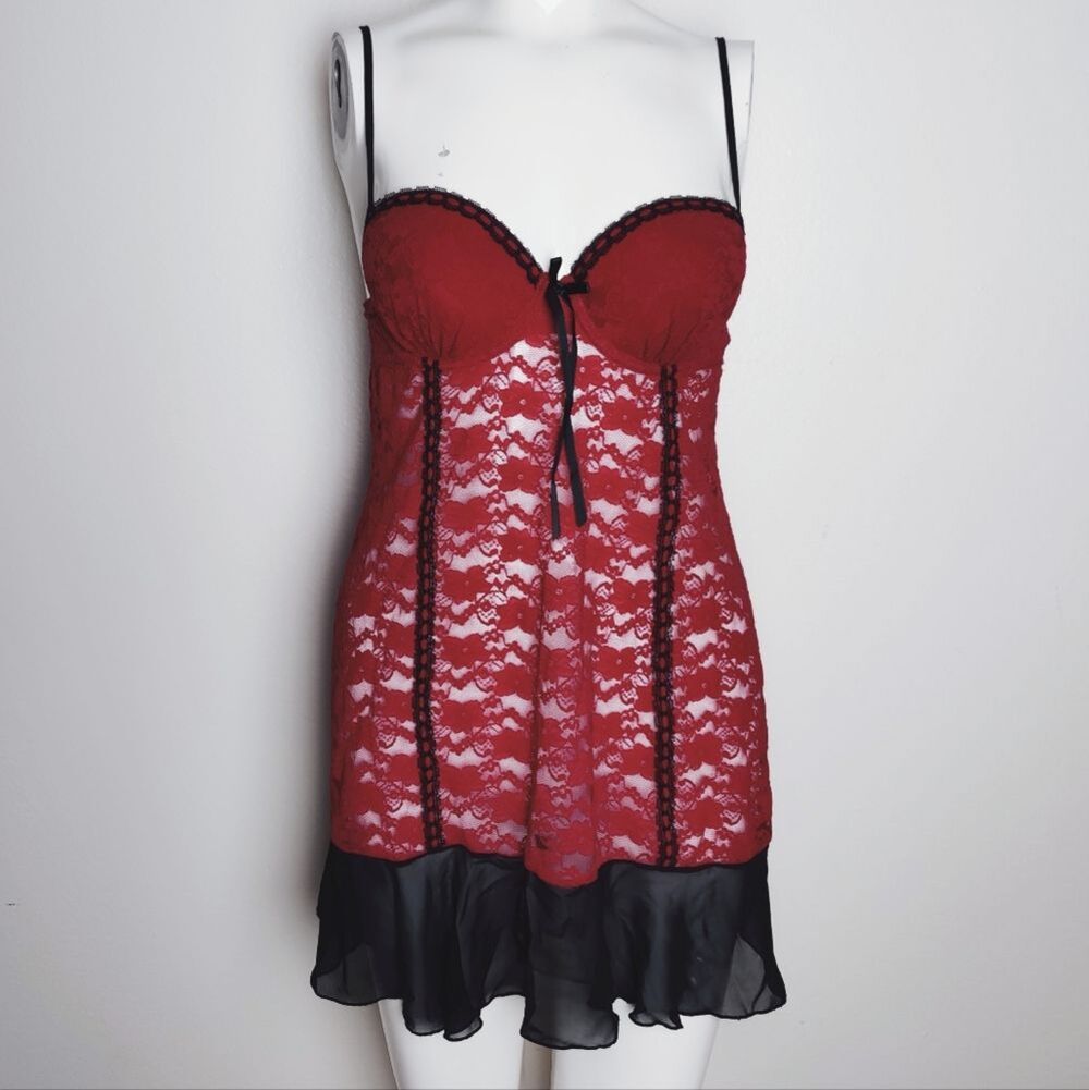 Linea Donatella Red Sheer Lace Babydoll Slip Dress Nightgown Chemise, Sz S